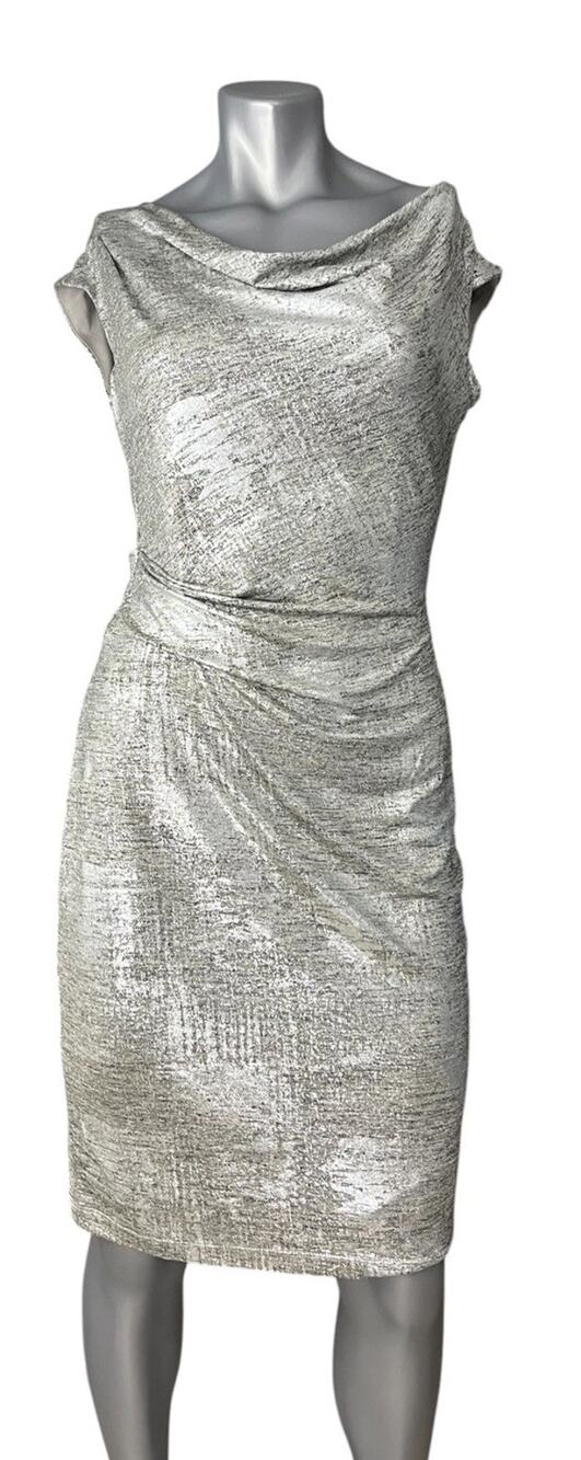 Vince Camuto Women's Silver Metallic Ruched Mini Dress 6 Sheath Cowl Neck
